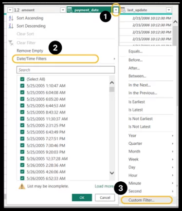 Drop-down arrow options menu with Date/Time Filters highlighted.