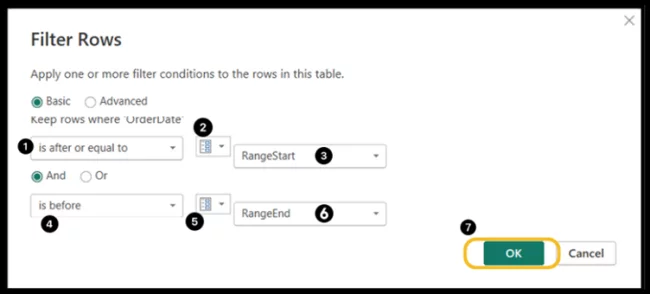 Filter rows dialogue box.
