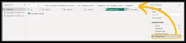 Filtered rows field highlighted in the query table.
