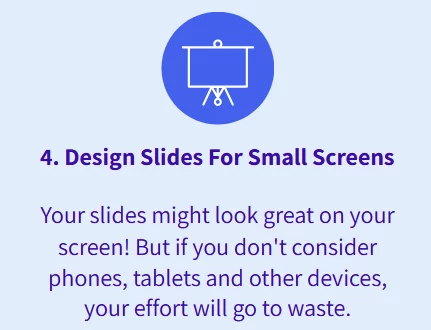 Small presentation slide image giving tips for designing slides for smaller screens