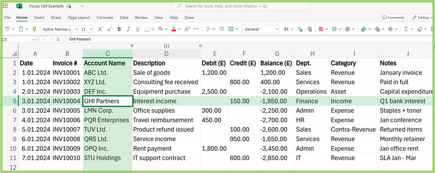 Excel Focus Cell showing active cell C5 with entire row 5 and column C highlighted.