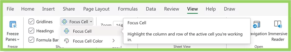 Excel interface showing View tab with Focus Cell enabled