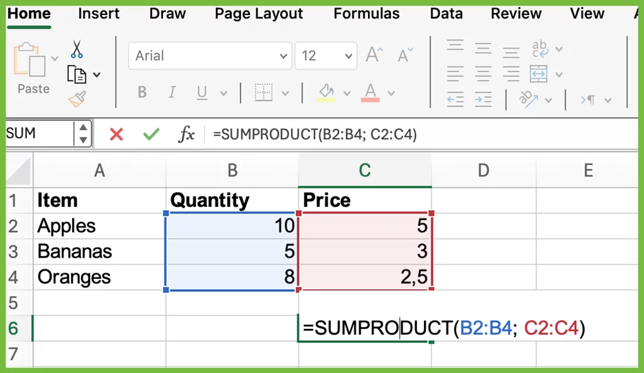 SUMPRODUCt formula calculating total sales value