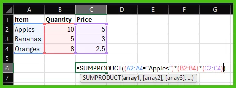 SUMPRODUCT calculating total sales by category