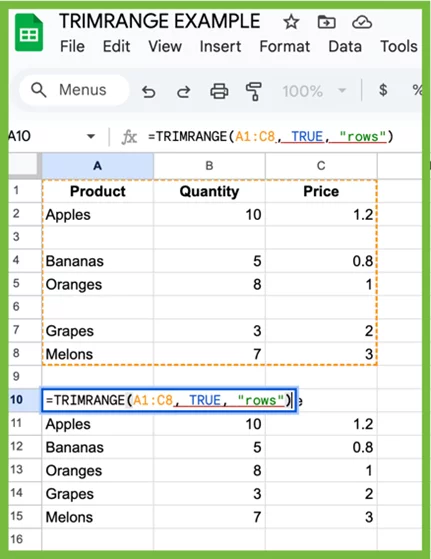 Demonstration of TRIMRANGE function removing blank rows from a dataset.