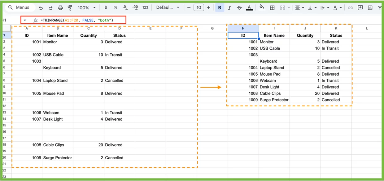 Before-and-after view of A1:F20 range with empty rows/columns trimmed by TRIMRANGE.