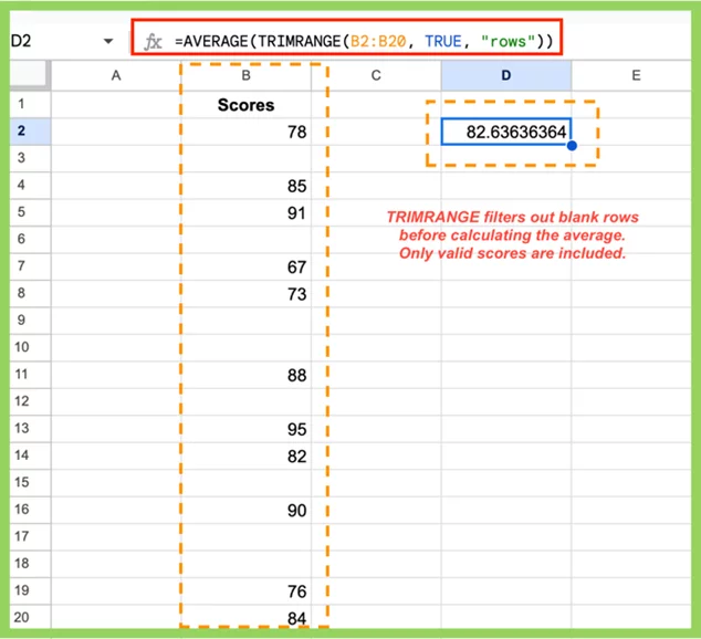 AVERAGE formula using TRIMRANGE to filter valid entries from a messy column.