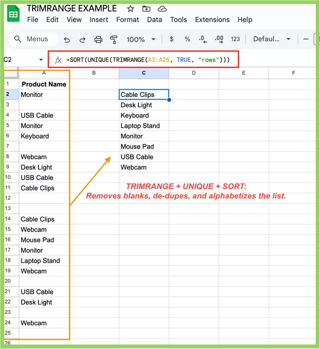 Clean, sorted list generated by combining TRIMRANGE with SORT and UNIQUE.