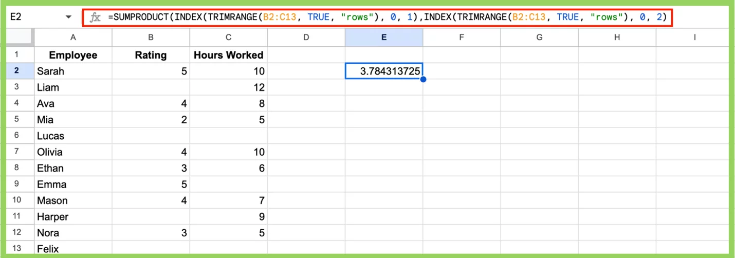 TRIMRANGE function used with INDEX and SUMPRODUCT to calculate a weighted average from only complete rows of data in Excel.