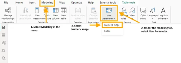 Annotated screenshot of how to create a new parameter with a numeric range