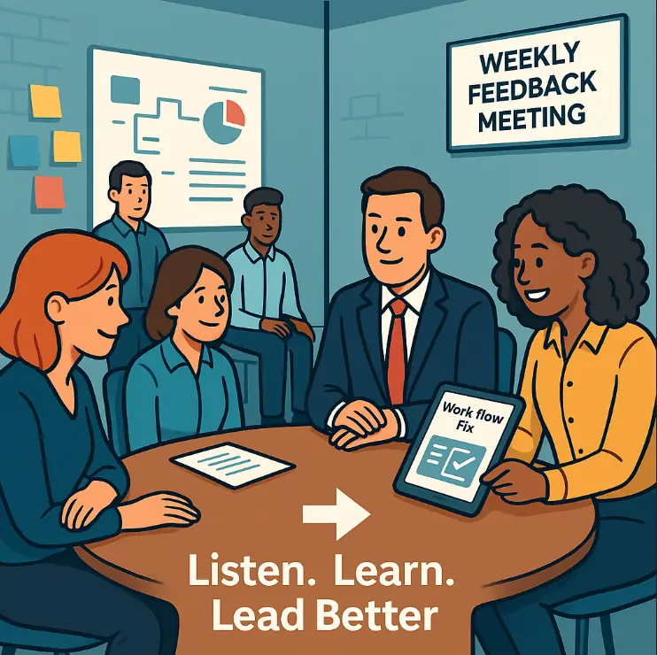 A cartoon showing a weekly feedback meeting, with a manager learning how to lead better