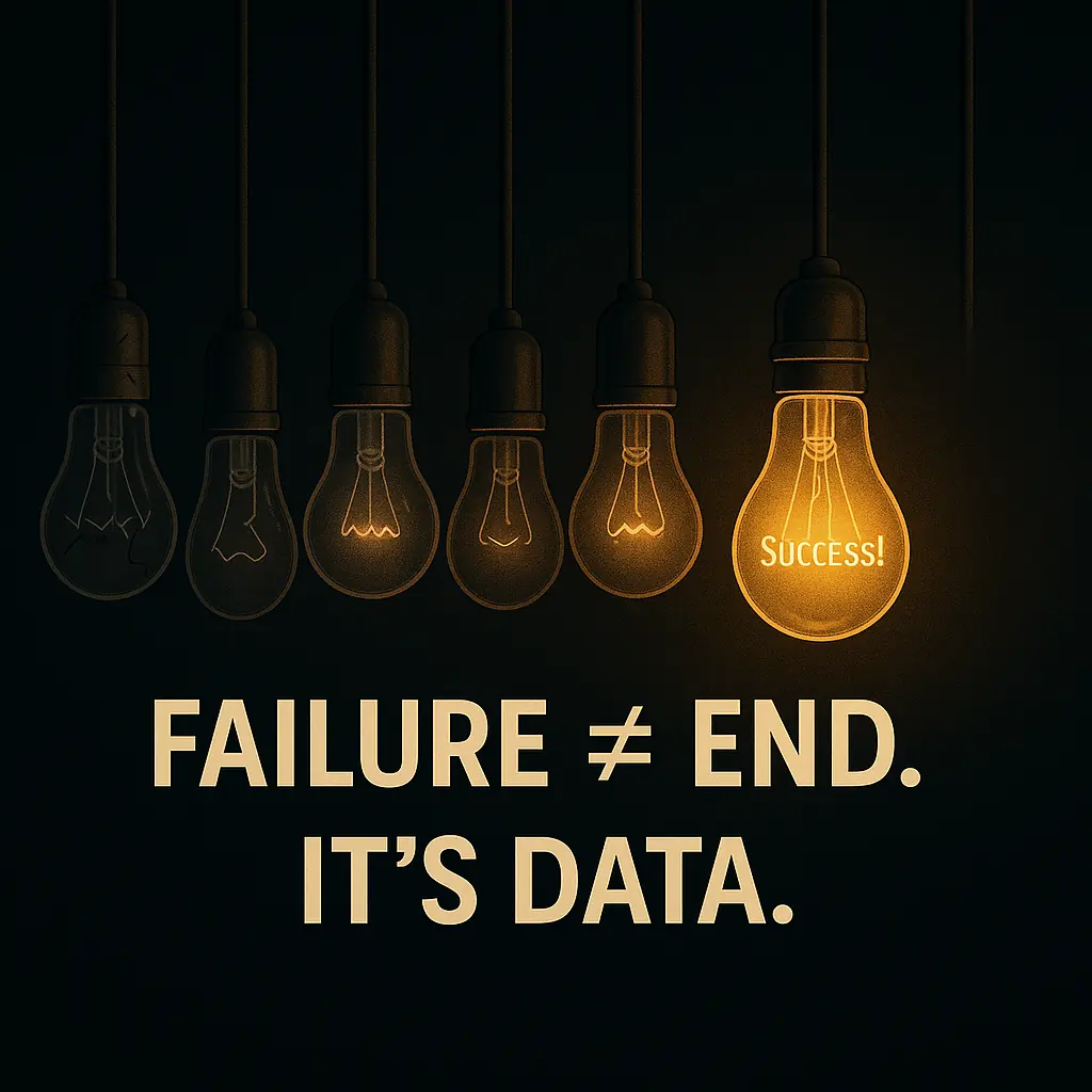 A cartoon showing a series of lightbulbs that do not work, in a line - with the final lightbulb working