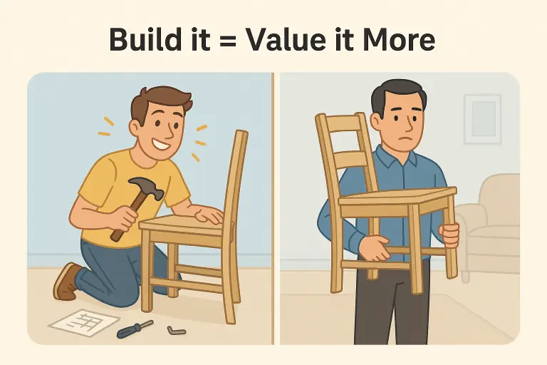 A cartoon showing the difference in satisfaction between buying something and building it