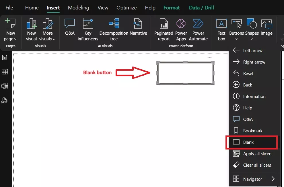 Shows where to click to insert a button in Power BI