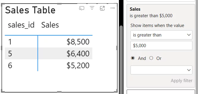A visual level filter in Power BI