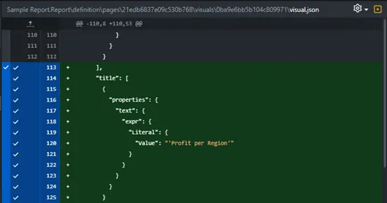 PBIR - actual JSON line by line diff showing the exact change (e.g., the new title).