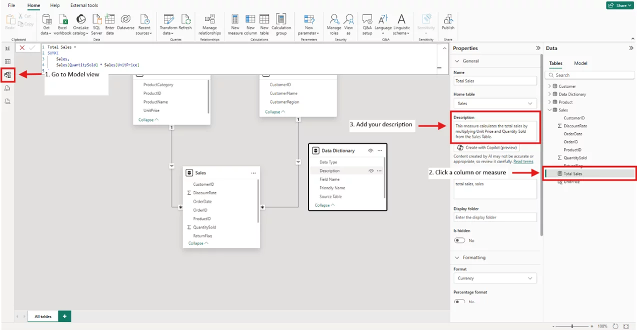 Annotated screenshot in Power BI showing how to add your measure
