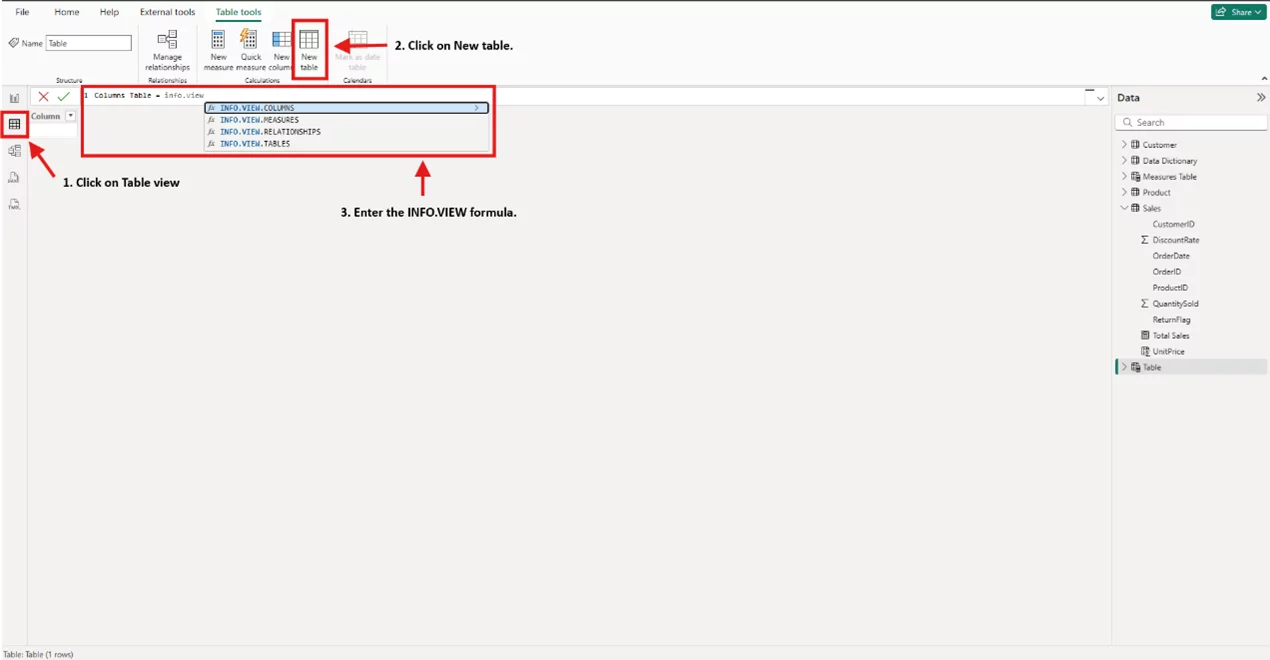Annotated screenshot on how to use the info.view formula