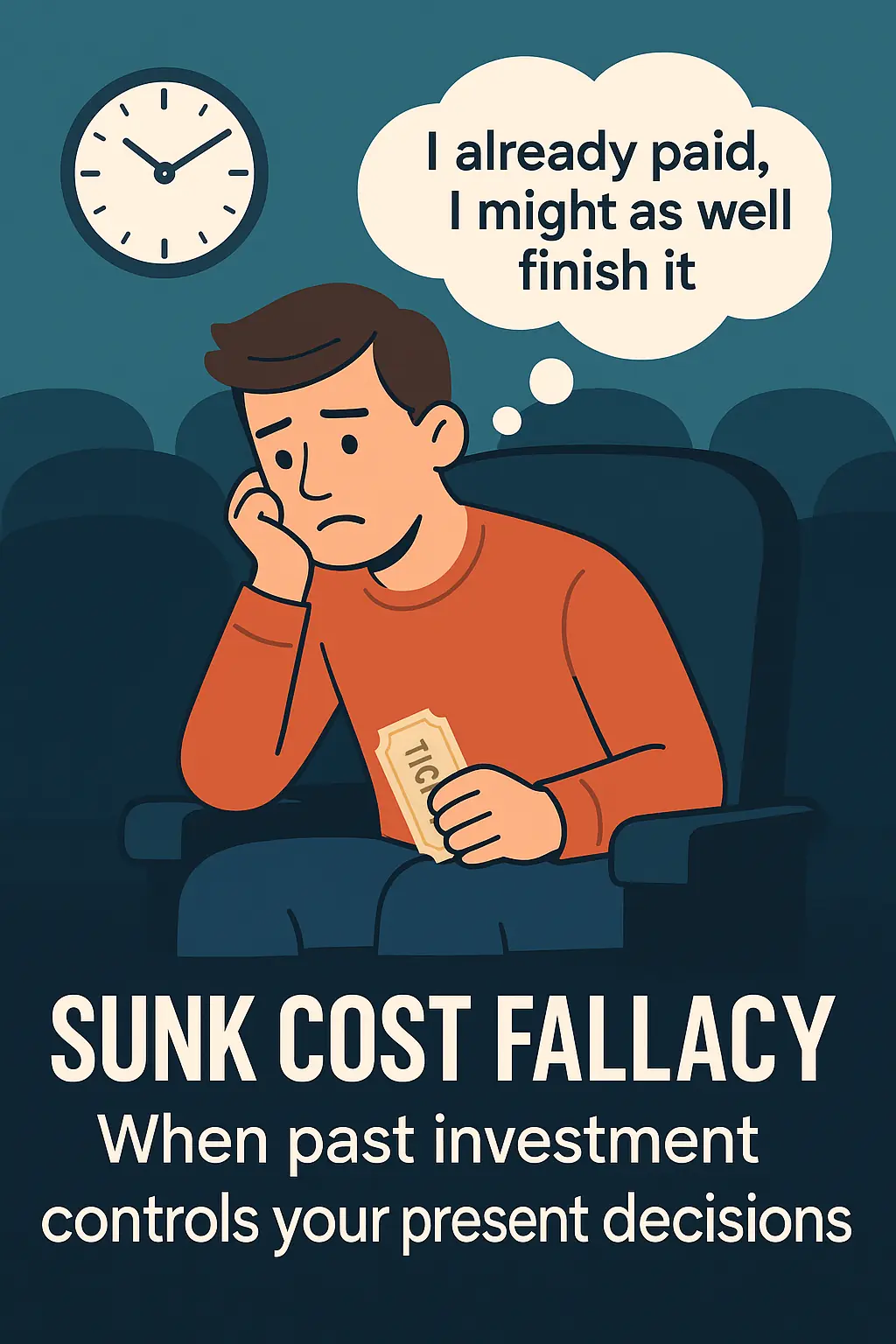 A cartoon showing an example of a sunk cost fallacy, a person at the movies watching an entire film as they have paid for it