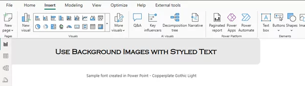 A background image with styled text in Power BI desktop