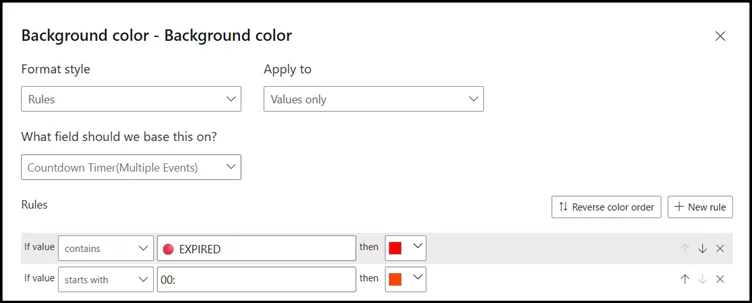 The background colour interface where you can apply rules to change formatting