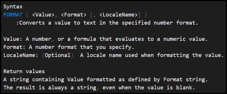 The FORMAT() Function in DAX and its details