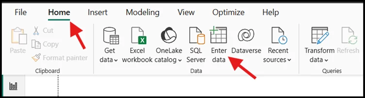 Where to find the Enter Data button within data options