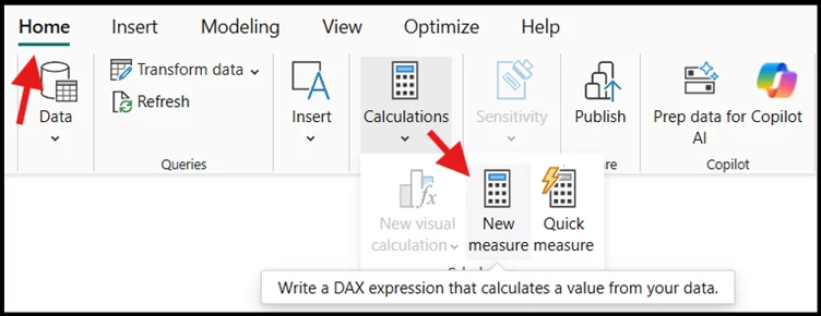 How to create a new measure, found in the calculations group