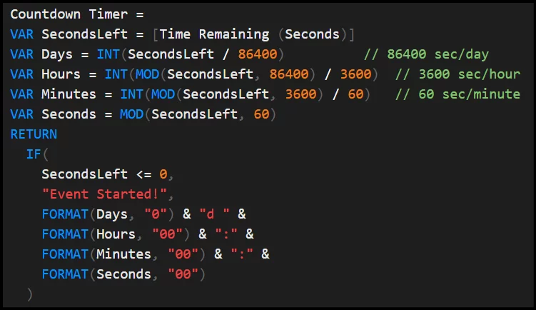 A more complex DAX formula that Formats the Time Remaining measure into a digital countdown