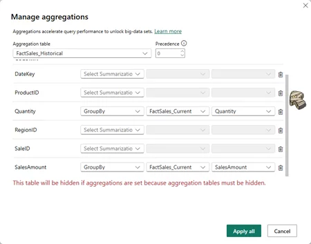 The Manage Aggregations menu, showing where you can specify each individual aggregations behaviour