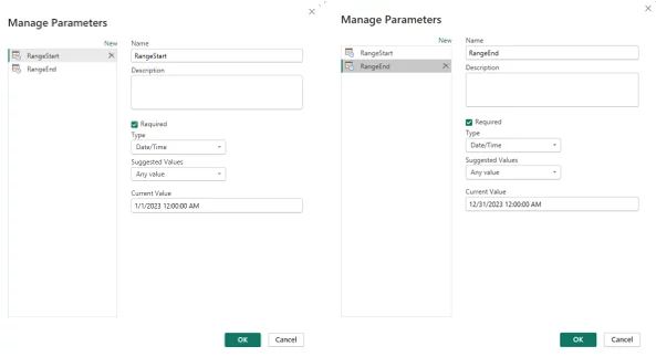 Our two new parameters named RangeStart and RangeEnd