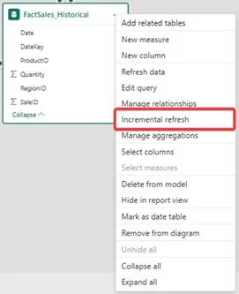 Shows where to find the Incremental Refresh option within the table