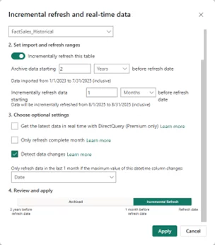 The incremental refresh window where you can set how much data to store and how frequently you can refresh it