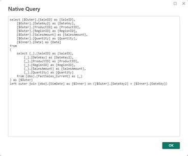 The “View Native Query” dialog in Power Query showing the SQL generated for a DirectQuery table in the Hybrid Model.