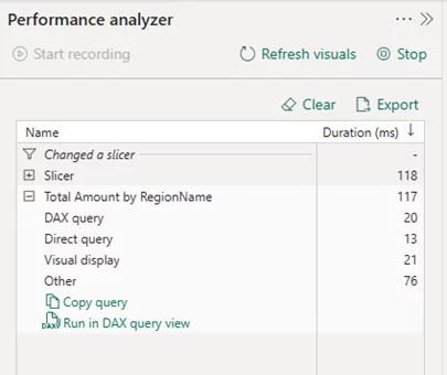Performance Analyzer output in Power BI showing the breakdown of time spent on a visual — including DAX query execution, DirectQuery response, visual rendering, and other operations.