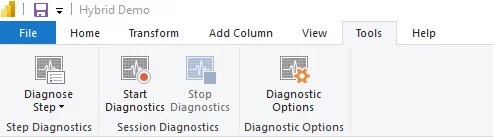 Power Query “Tools” tab displaying the Query Diagnostics options — including Start/Stop Diagnostics for capturing SQL and performance data, Diagnose Step for isolating issues, and Diagnostic Options for configuration.