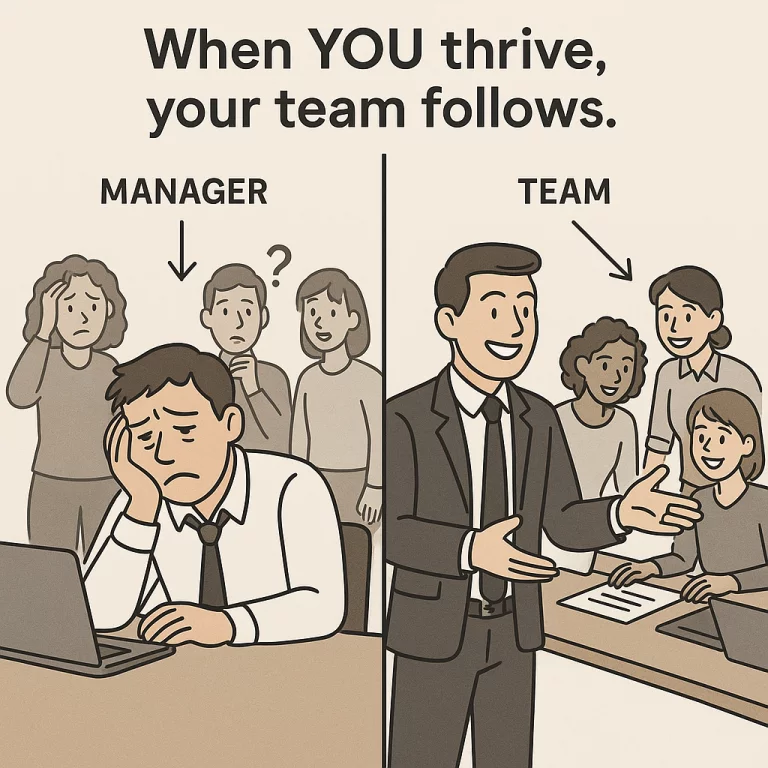 A cartoon showing the positive effect a motivated manager has
