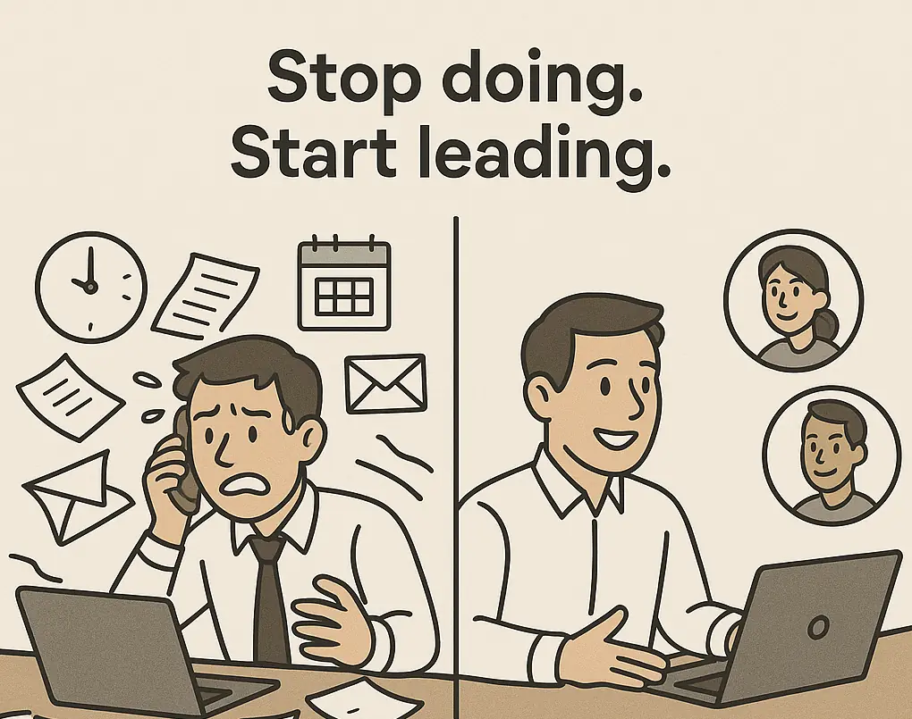 A cartoon showing two managers, one struggling to keep on top of his schedule and the other delegating his work to employees