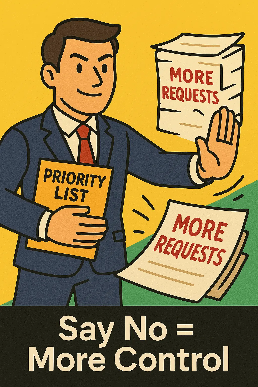 A cartoon showing a confident manager turning down requests so he can keep his priority list under control