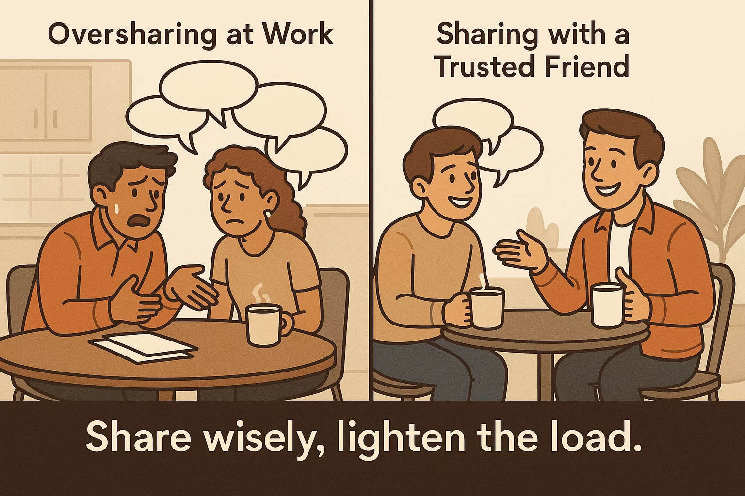 A split cartoon, one side showing stressed people talking at work, and the other side showing discussing the same topic with a friend instead