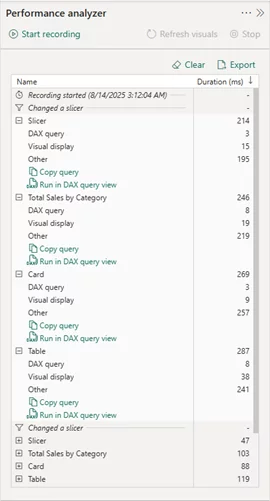 The performance analyzer in Power BI