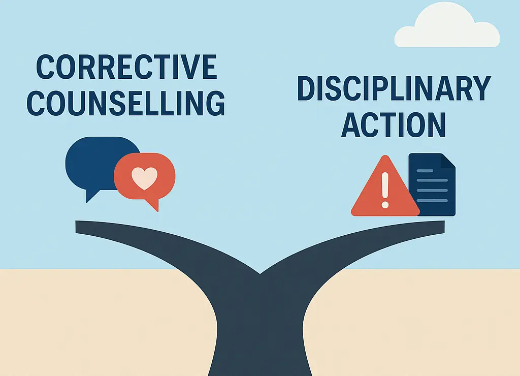 Cartoon showing a road with two paths, one to corrective counselling and one to disciplinary action