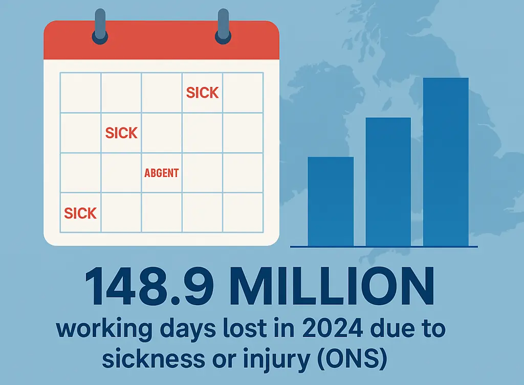 Infographic for ONS stats, 148.9 million working days lost in 2024 due to sickness or injury