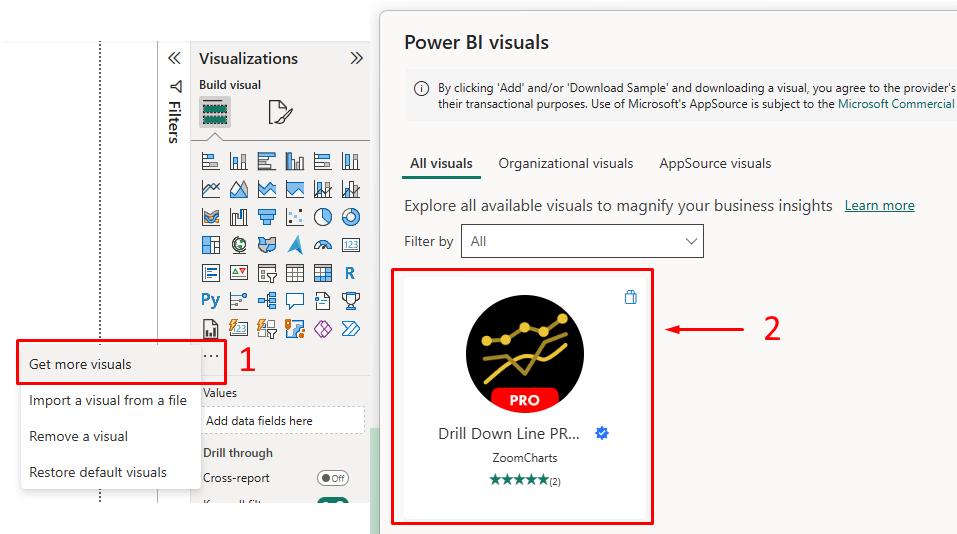 Shows where to find the custom visual within Power BI