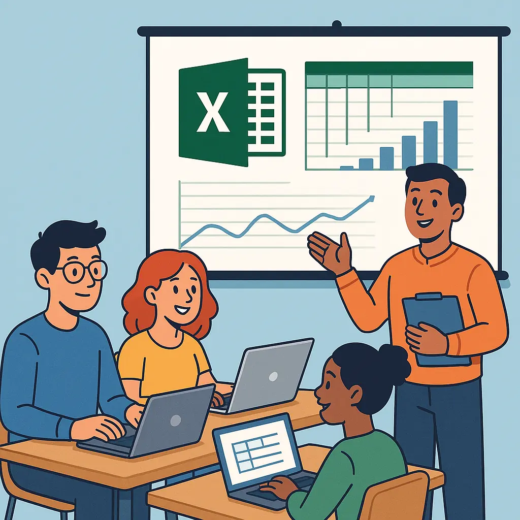 Cartoon showing an Excel training course being held in London