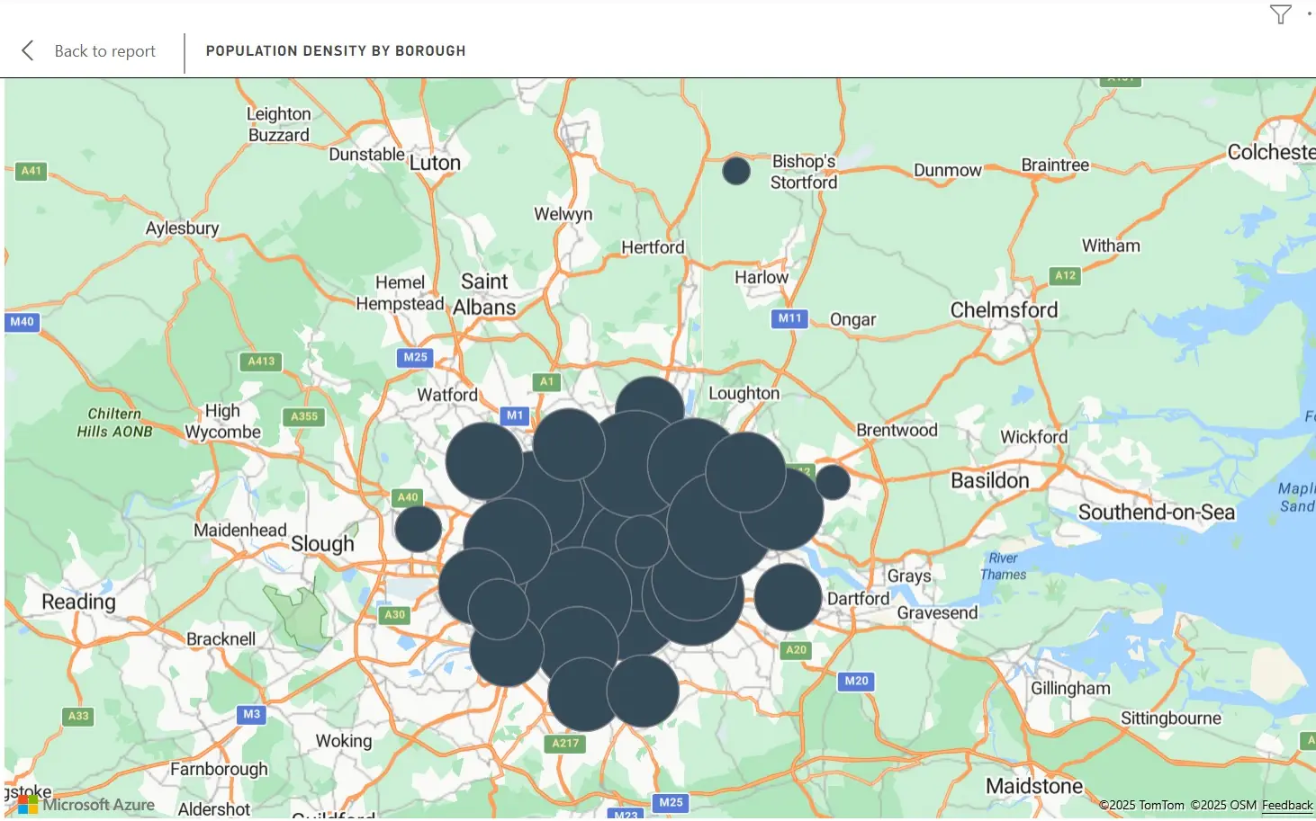 An azure maps visual of population density by borough in London