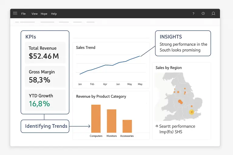 An executive dashboard in Power BI highlighting key features