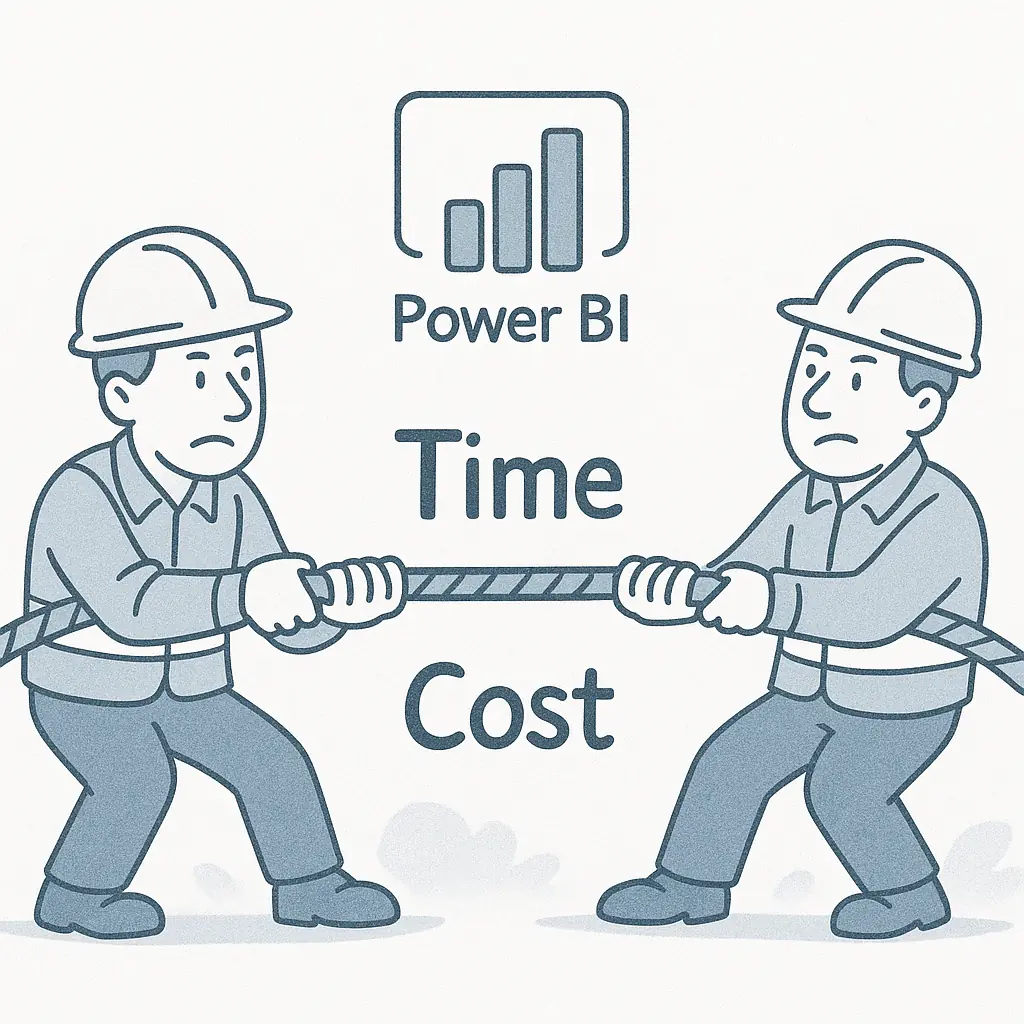 A cartoon showing the push and pull of time & cost on a Power BI course