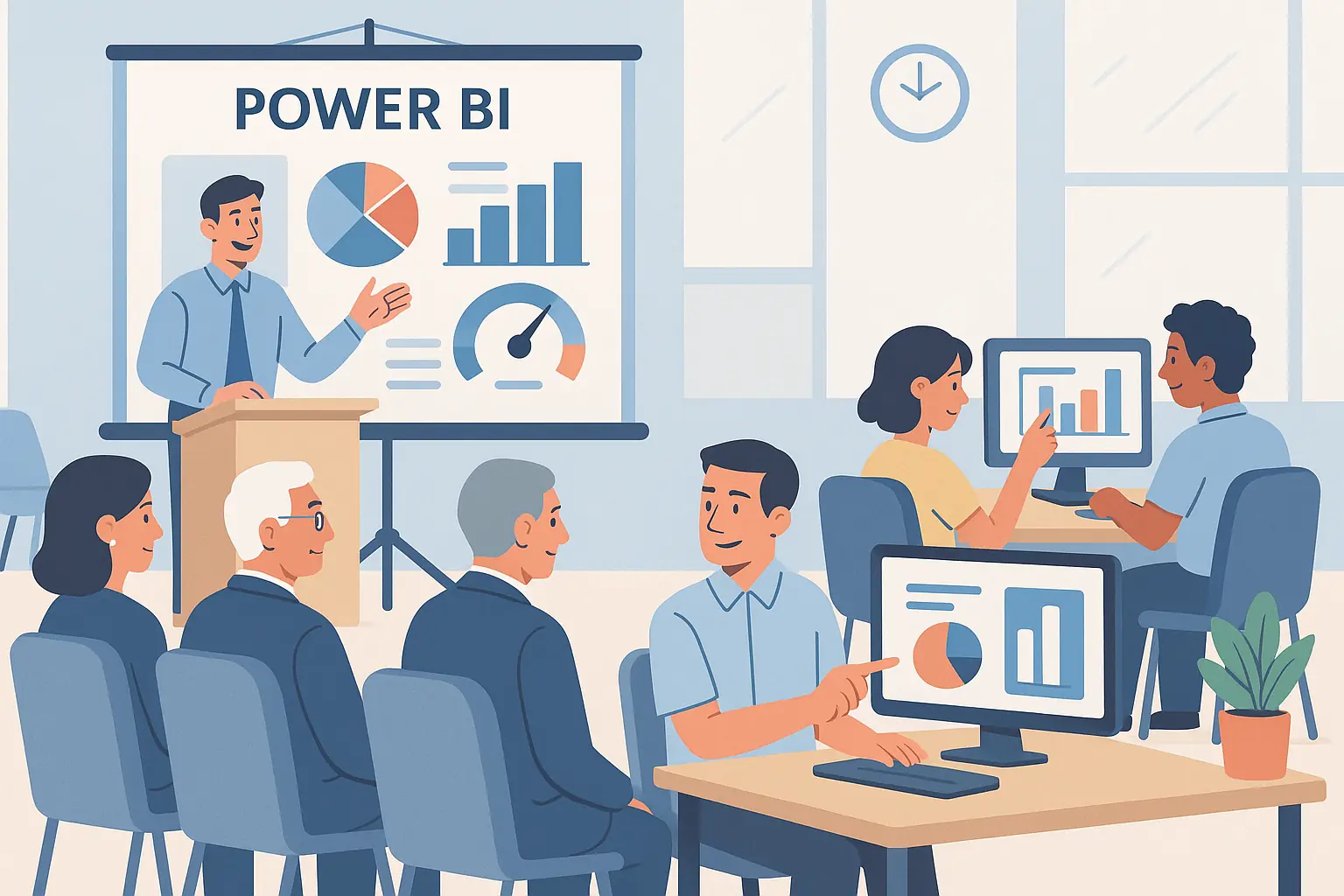 Cartoon showing Power BI Training happening for C-Suite Executives and Operational Staff