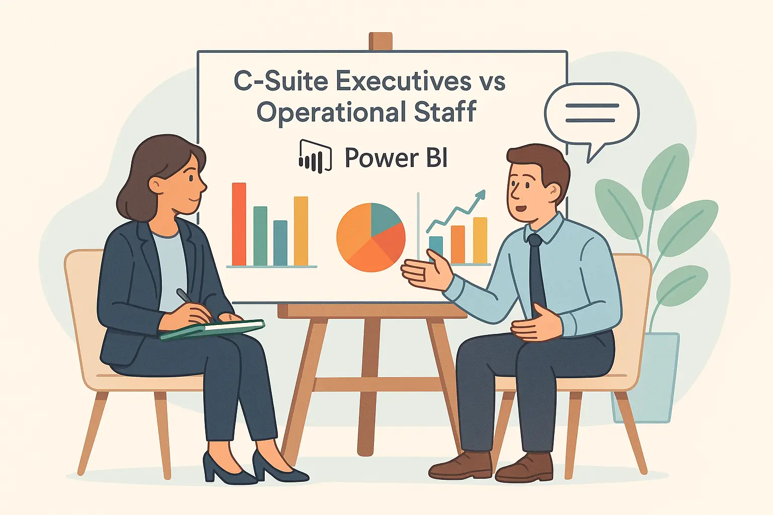 Cartoon showing two professionals discussing Power BI training for C-Suite Executives vs Operational Staff
